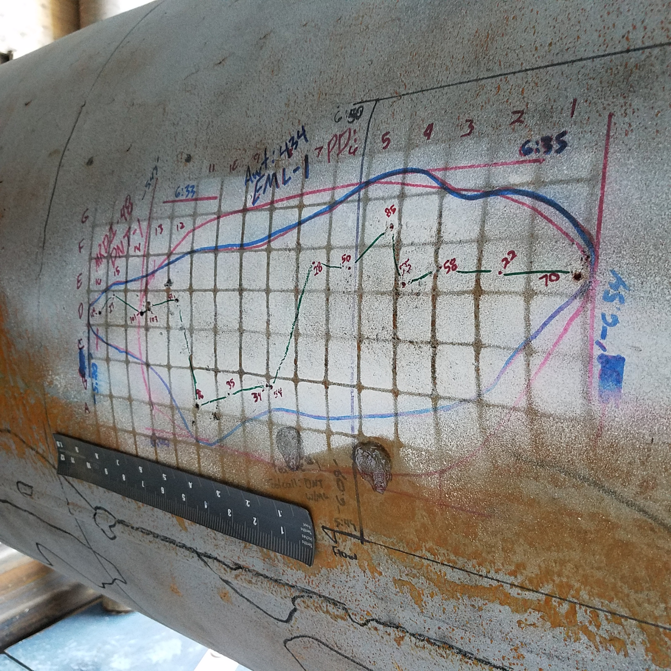 Internal corrosion mapped on the external pipe surface during field verification of ultrasonic ILI findings.